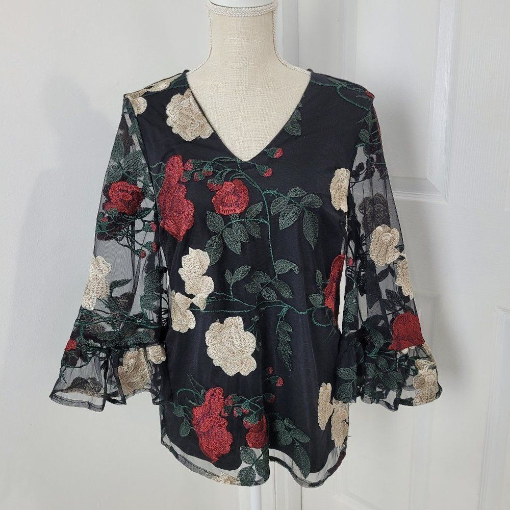 Beige by ECI Top Womens Small Black Floral Embroidered Sheer Sleeves Boho Fairy